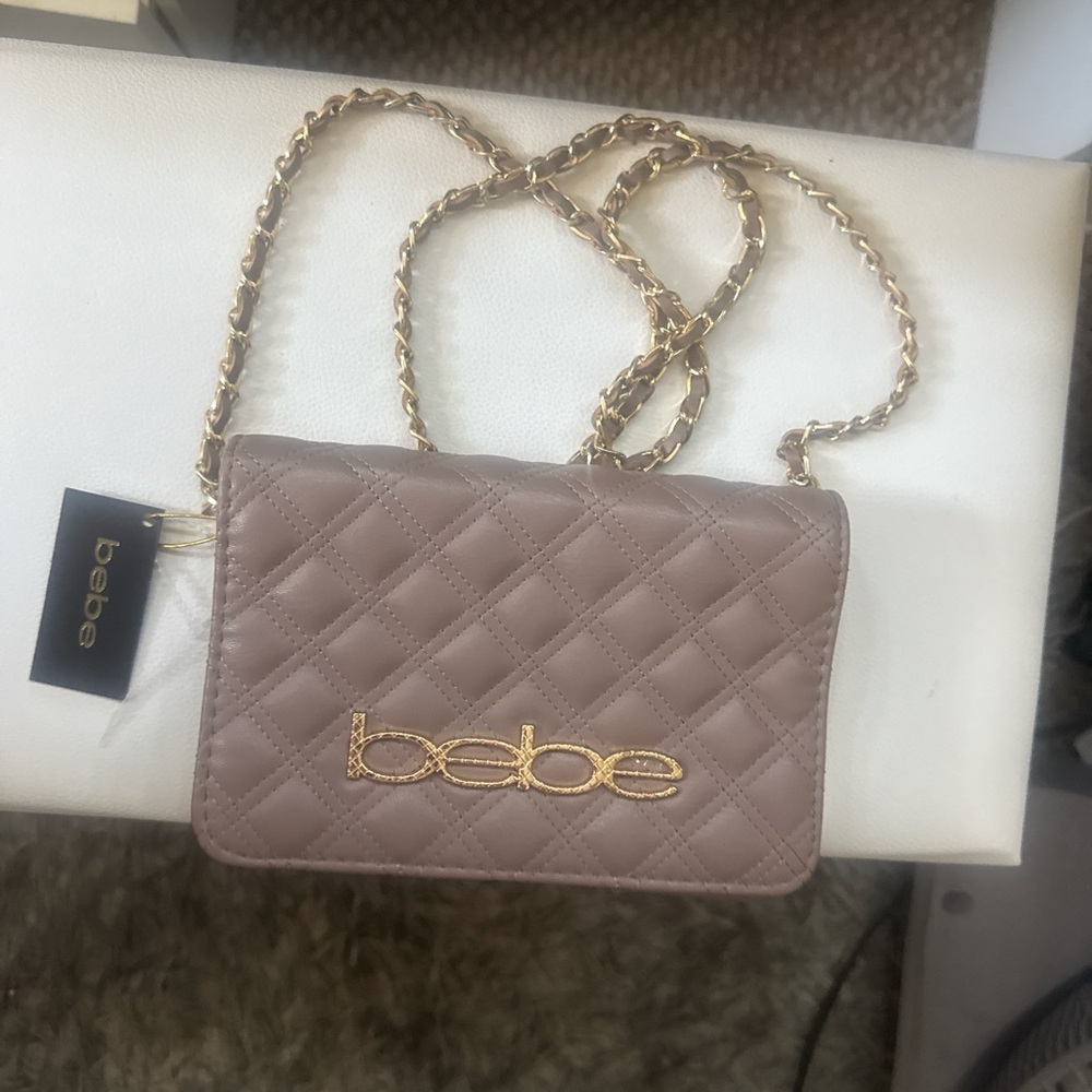 Bebe Tan and Gold Quilted Crossbody Bag with Chain Strap